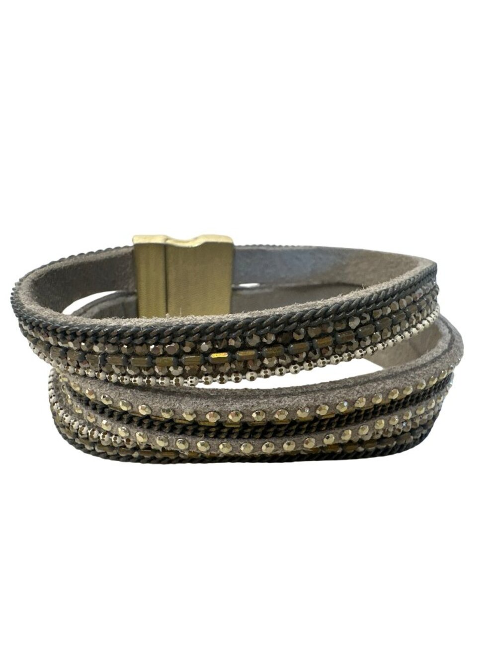 Suede Wrap Bracelet Gold Black Rhinestone Multi-Strand Magnetic Clasp Sparkly